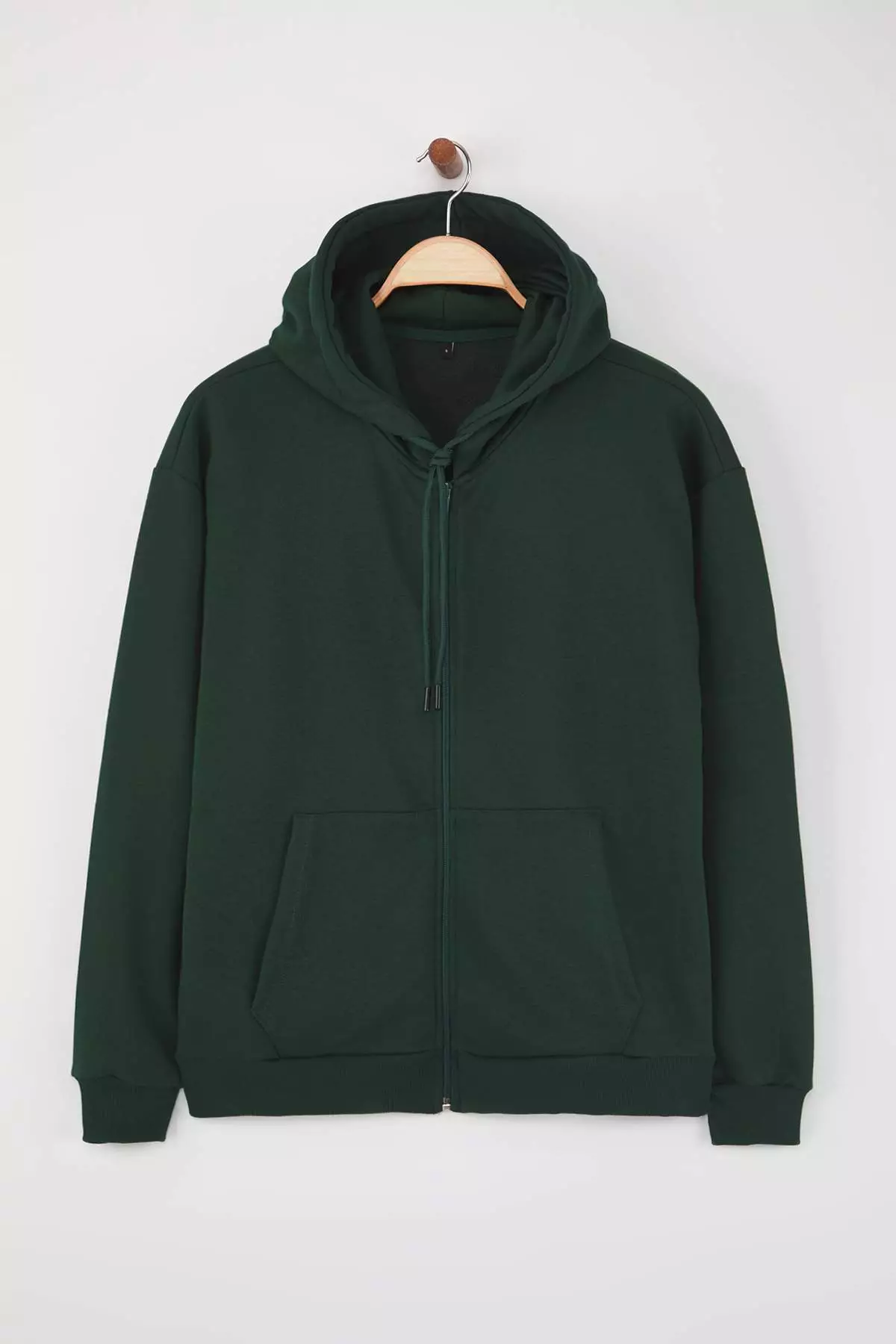 Dark Green Oversize/Wide Cut Zippered Basic Non-Raising Sweatshirt-Cardigan