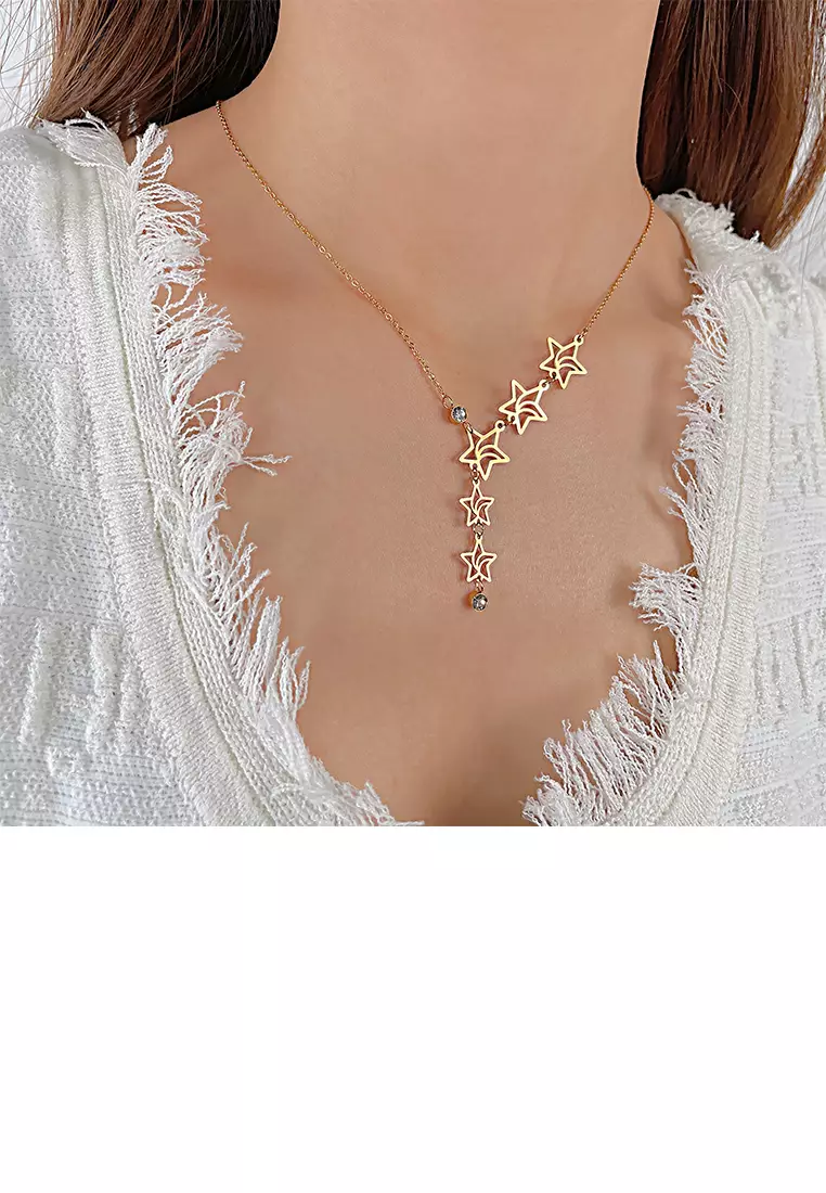 Fashion and Simple Plated Gold 316L Stainless Steel Hollow Star Tassel Pendant with Cubic Zirconia and Necklace