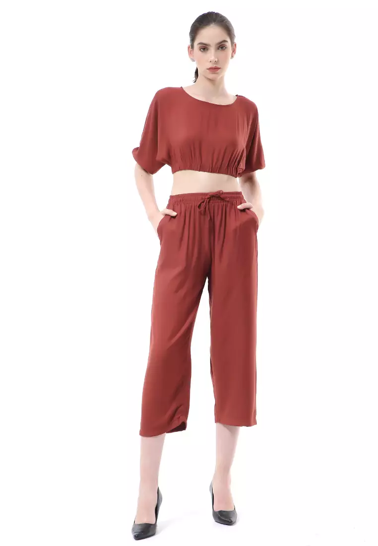 Nayra One Set Setelan Wanita Atasan Crop Lengan 3/4 Celana Kulot Material Rayon ORIGINAL - Terracotta
