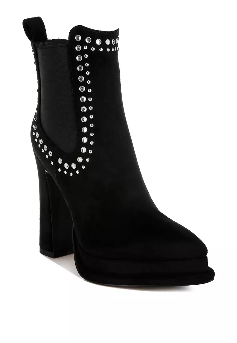 Studs Embellished High Ankle Boots in Black