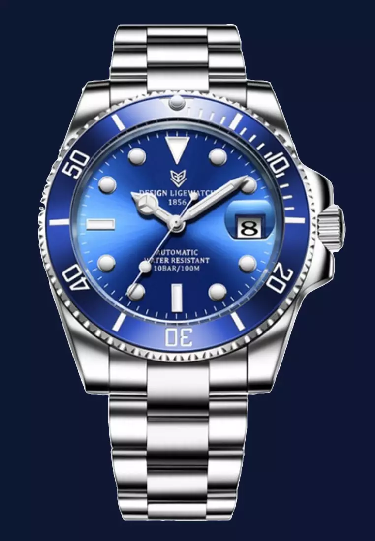 AUTOMATIC Unisex Diver's Stainless Steel Self-winding Watch, Blue turning bezel, Blue dial on Steel Bracelet