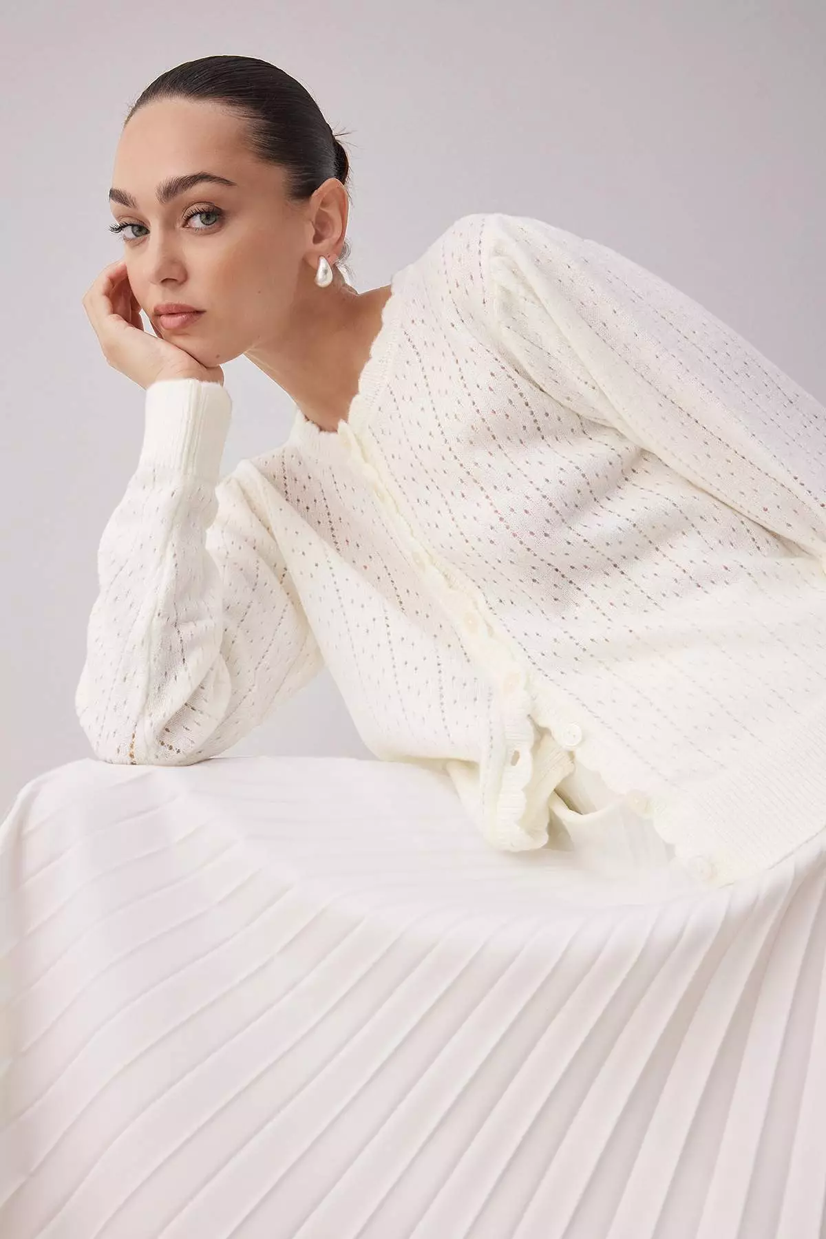 Ecru Soft Textured Openwork Knitwear Cardigan