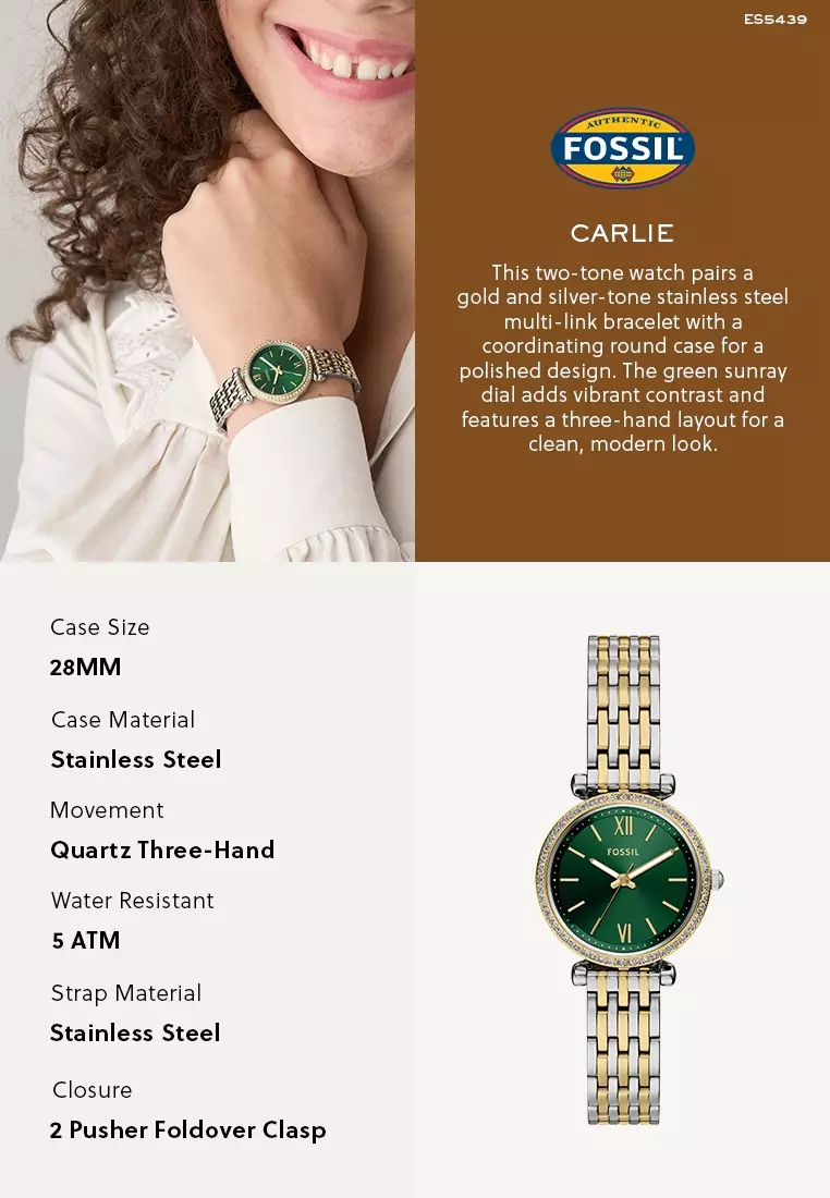 Fossil Women's Carlie Analog Watch ( ES5439 ) - Quartz, Gold Case, Round Dial, 12 MM Two Tone Stainless Steel Band