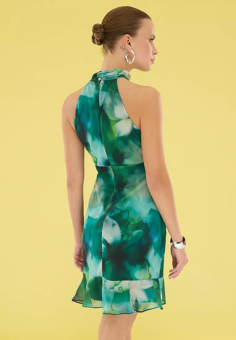 花卉A字荷葉迷你梭織連身裙