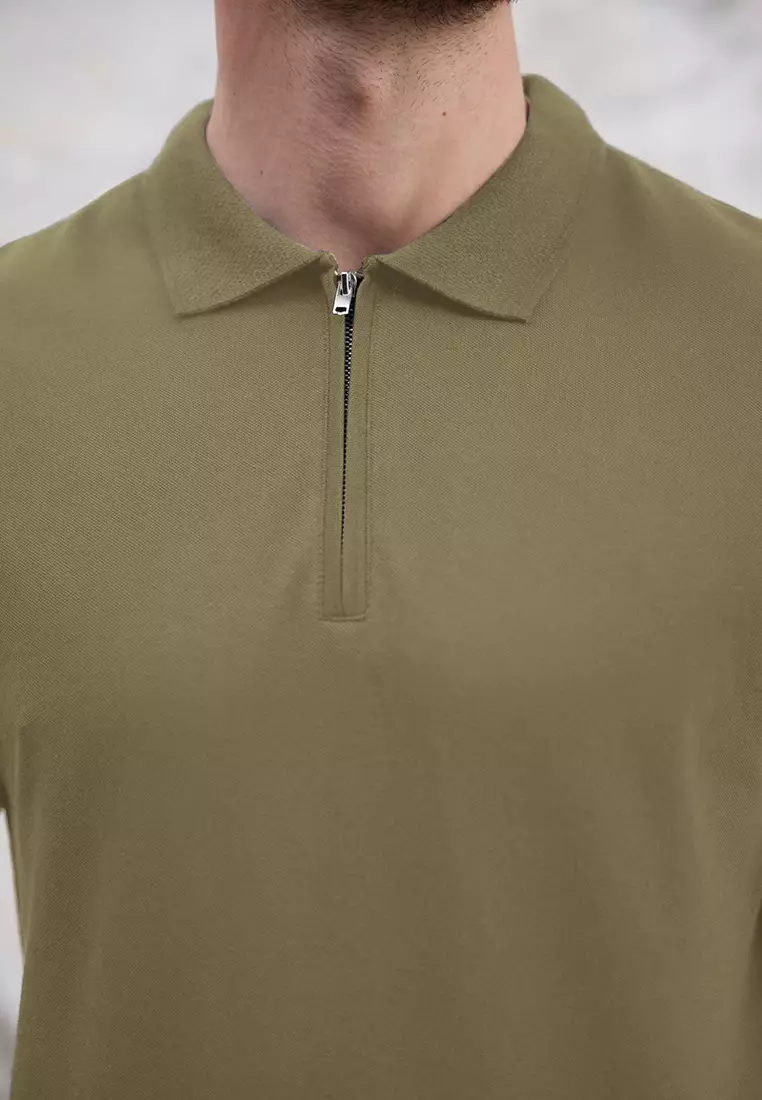 Khaki Regular/Normal Cut Zippered 100% Cotton Polo Neck T-Shirt