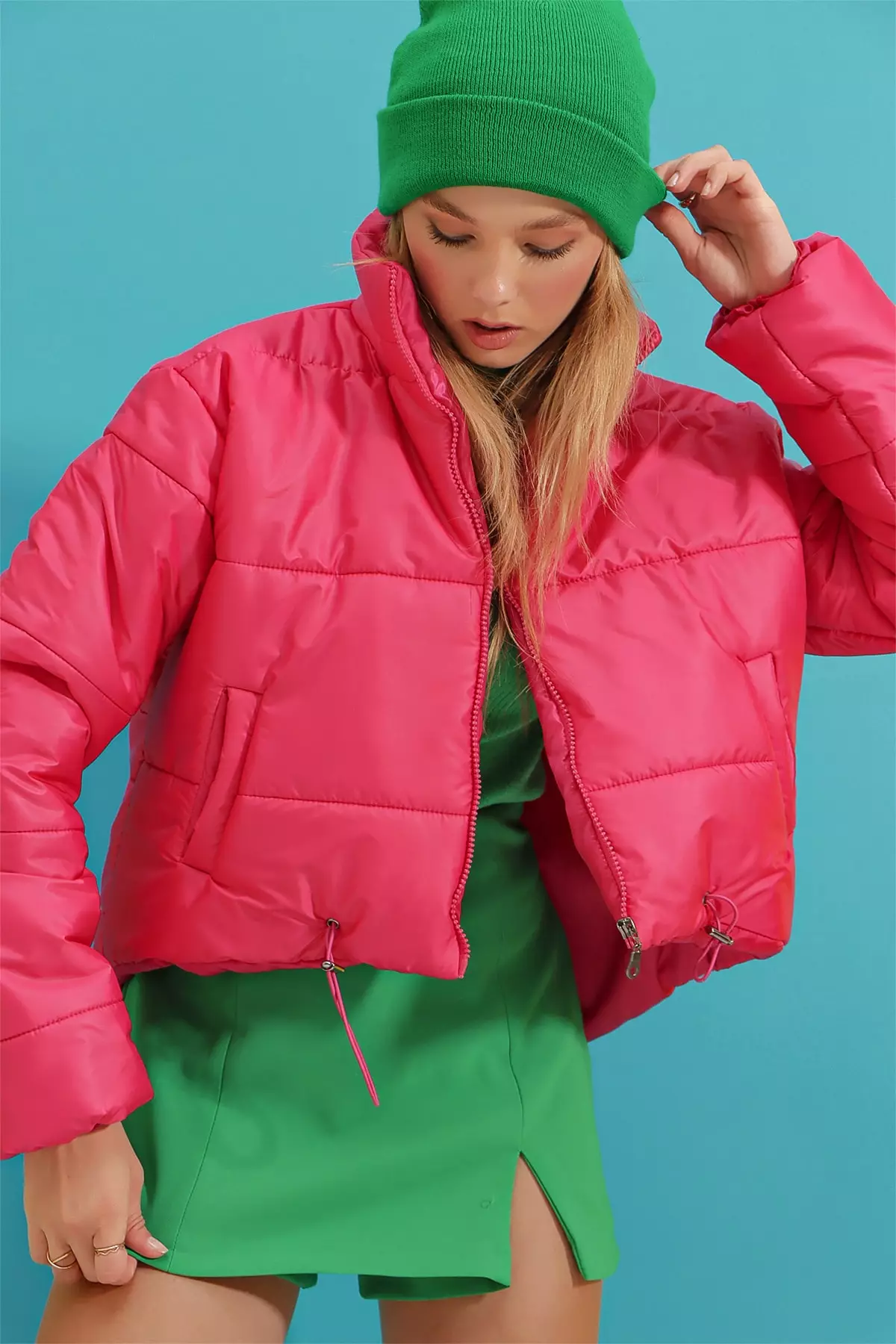Buy Alacati Fuchsia Stand Collar Double Pocketed Inflatable Puffer