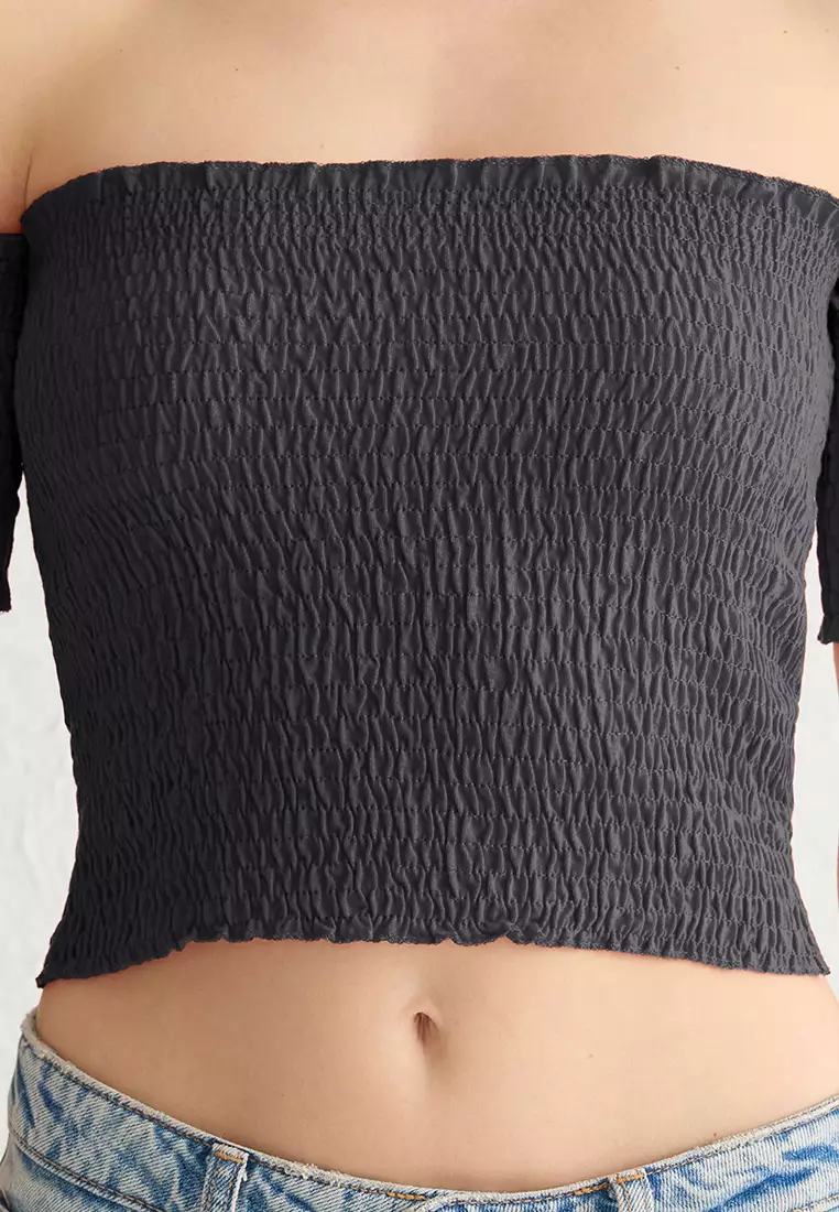 Anthracite Fitted Carmen Collar Crop Gipel Flexible Knitted Blouse