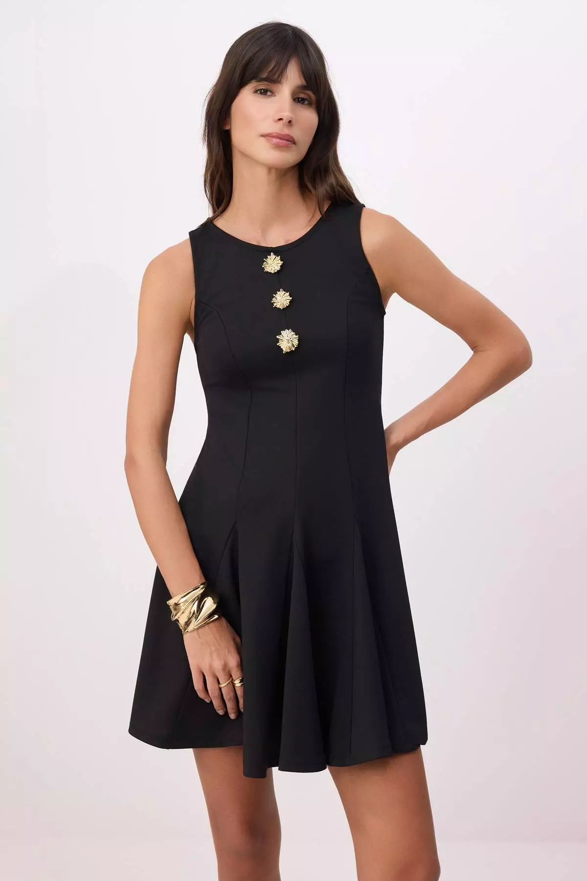 Black Flared From The Waist Sleeveless Buttoned Mini Scuba Crepe Knitted Dress Twoss26El611