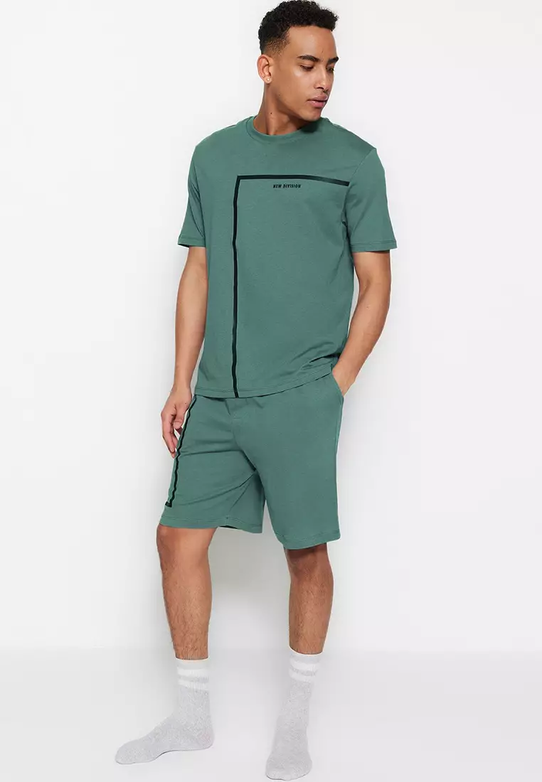 Green Regular Fit Printed Knitted Shorts Pajama Set TMNSS23PT00017