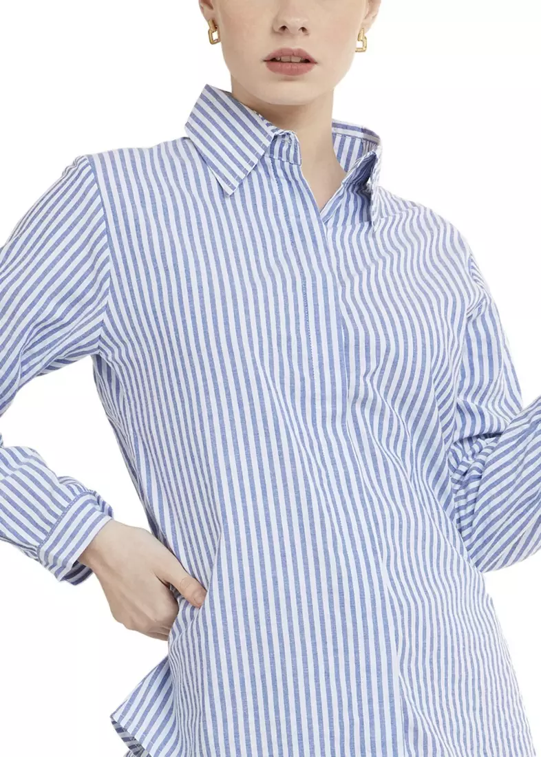 Kemeja Salur Basic Lengan Panjang Garis Shirt Wanita - Blue
