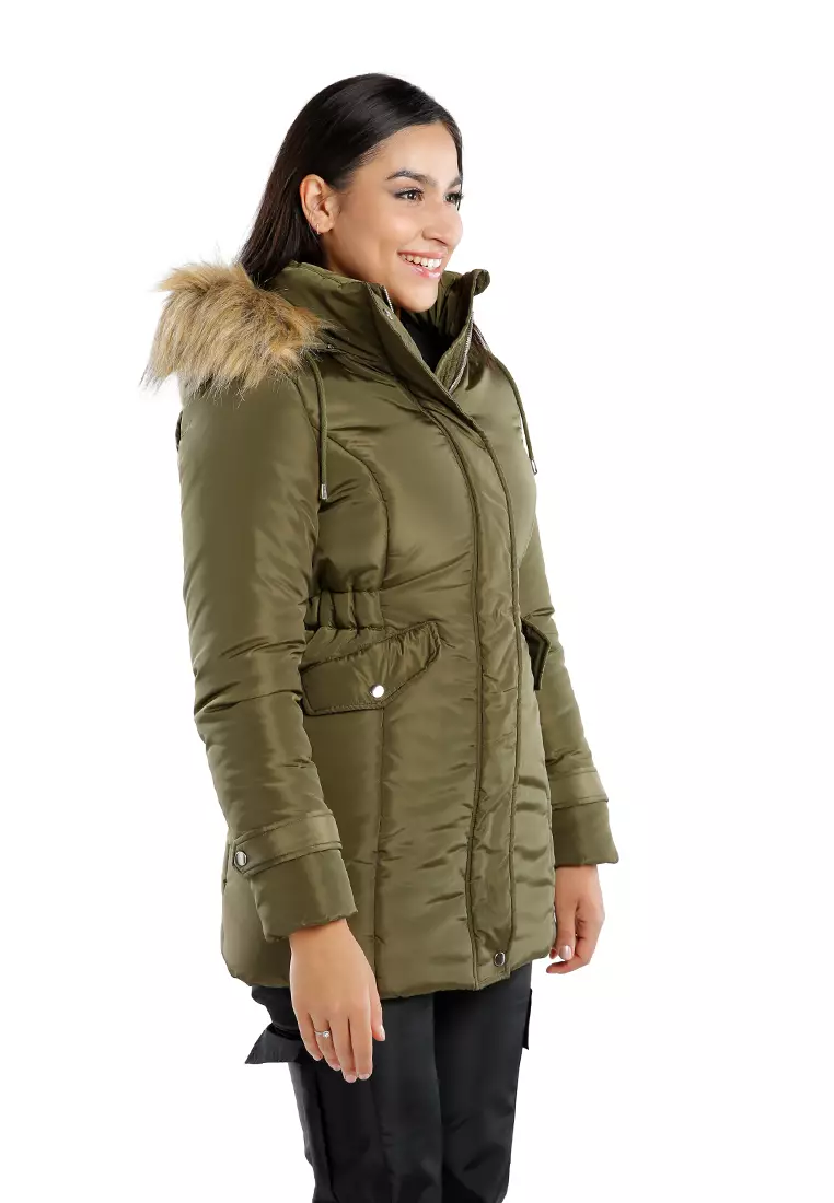 Khaki Long Puffer Jacket Hoodie