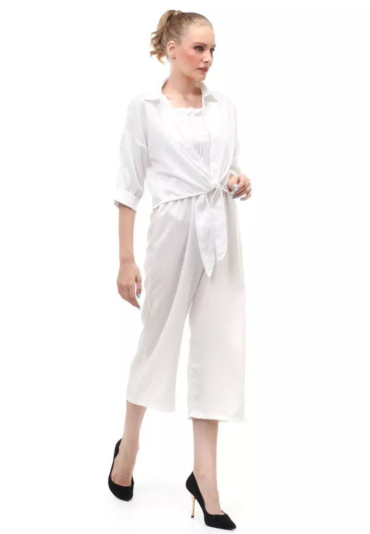 Jumpsuit Wanita Casual Motif Solid Setelan Relaxed Fit - Putih