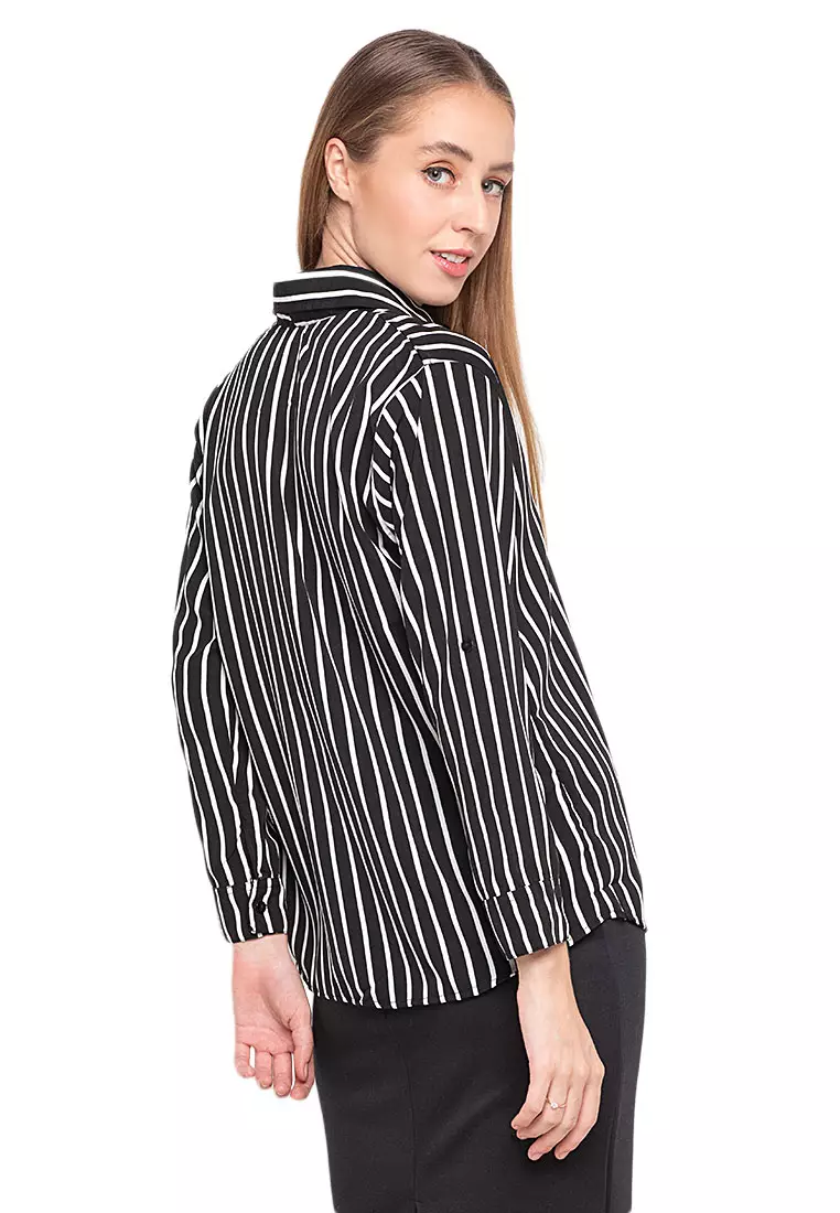 Anne Kemeja Long Sleeve Motif Stripe Atasan Wanita Casual - Hitam