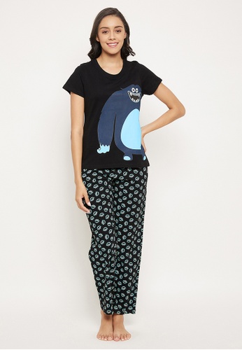 Clovia black Clovia Monster Emoji Print Top & Pyjama Set in Black - 100% Cotton 1516BAAECB22DAGS_1
