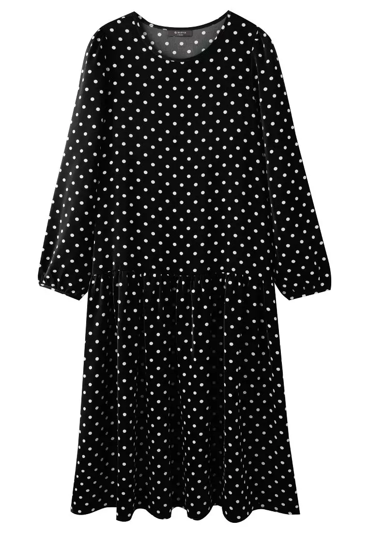Vintage Polka Dot Low-Waist Flared Long Sleeve Maxi Dress – Mori Style [DA10210]