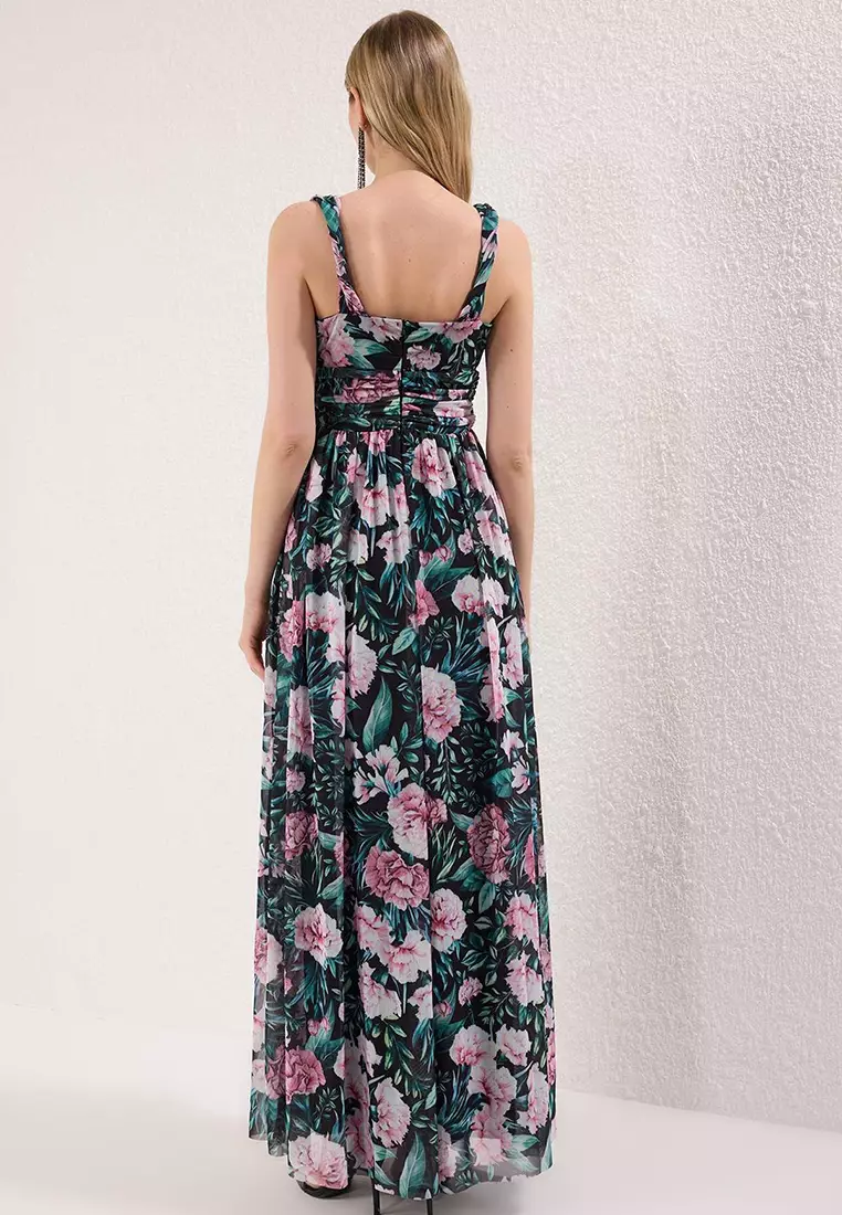 Multicolor A-Line V-Neck Floral Pattern Knitted Long Stylish Evening Dress Tprss25Ae00096