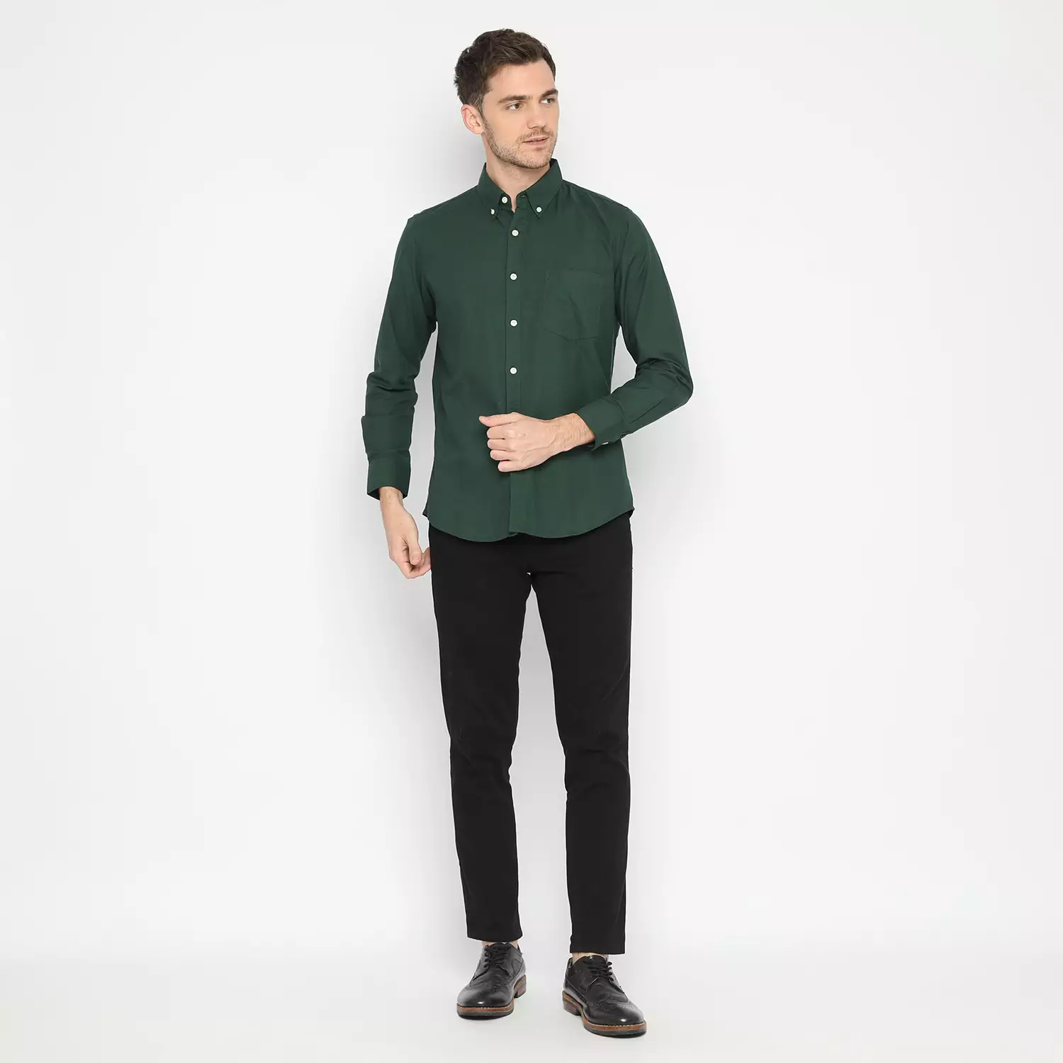 Platini Kemeja Pria Polos Lengan Panjang Katun Oxford Hijau Botol 66211