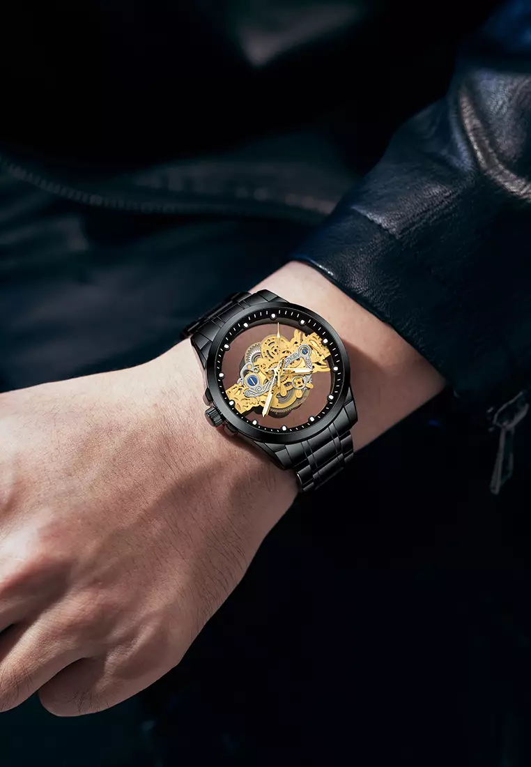 Jam Tangan Pria HD Luminous Function Hollow Dial Tali Stainless Steel Anti Air Jam Tangan Cowok black