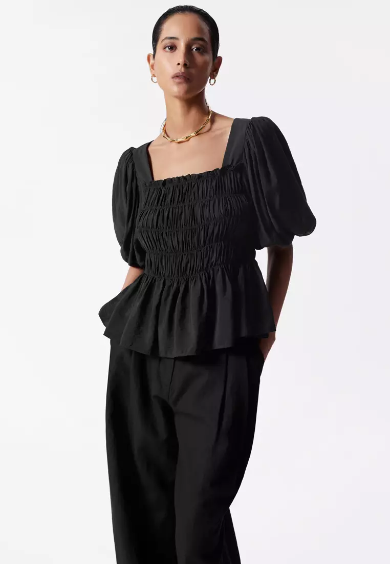 Smocked Puff-Sleeve Blouse