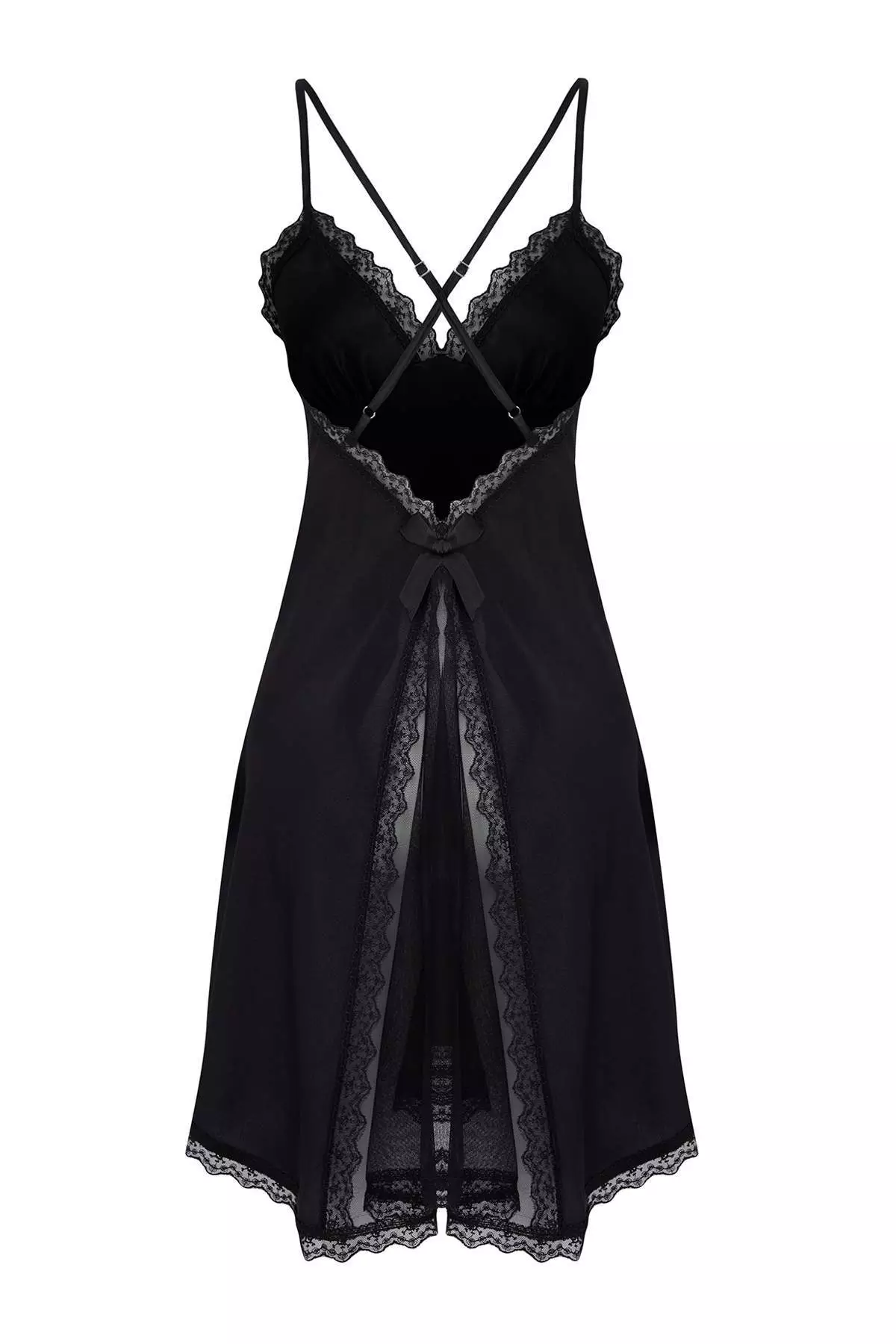 Black Slit Tulle And Lace Detailed Satin Strapless Babydoll/Fantasy Nightgown
