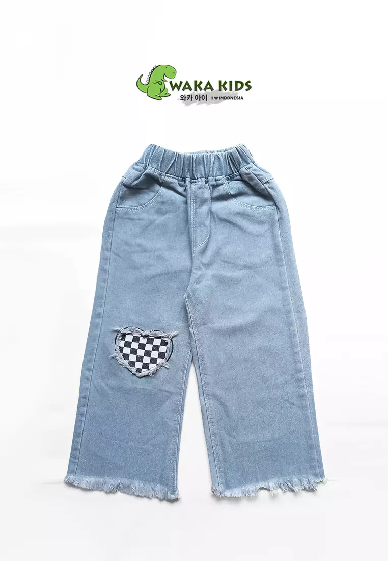 Wakakids Kulot Jeans Rawis Anak Perempuan Celana Panjang Denim Motif Checkerboard Love 058 Vench