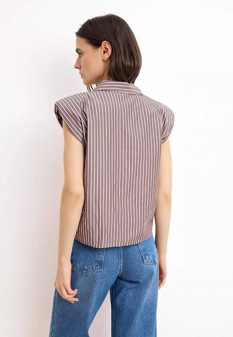 Brown Striped Sleeveless Shoulder Pad Pack Shirt Twoss26Go14