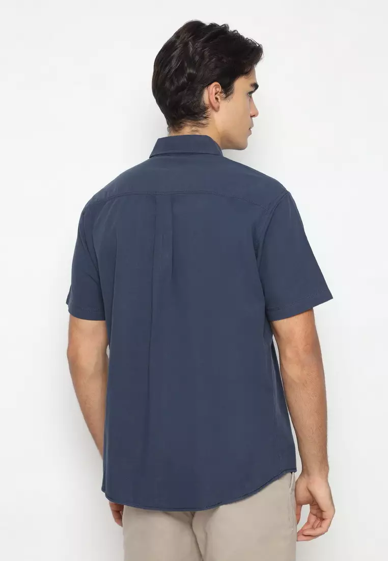 POLICE Kemeja Polos Cotton Biru Tua Regular Fit Pria