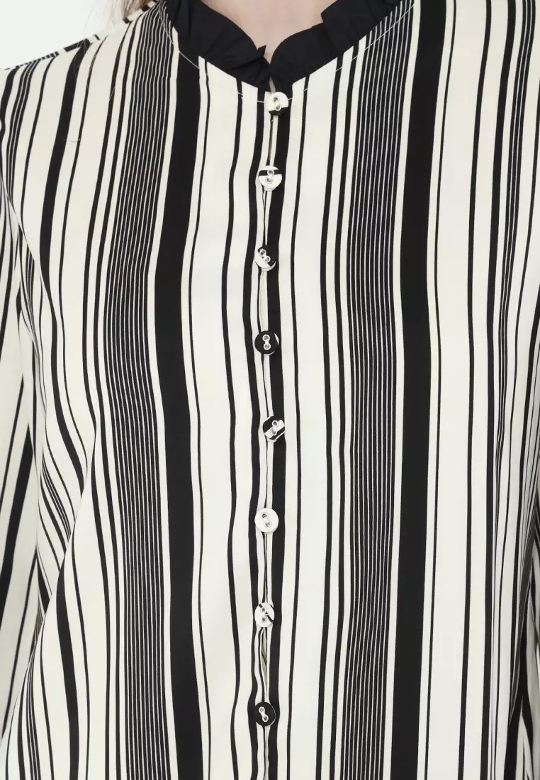 Shirt Satin Stripe Long Sleeve Ruffle Neck Arlette By Brilliant Girl Warna Putih