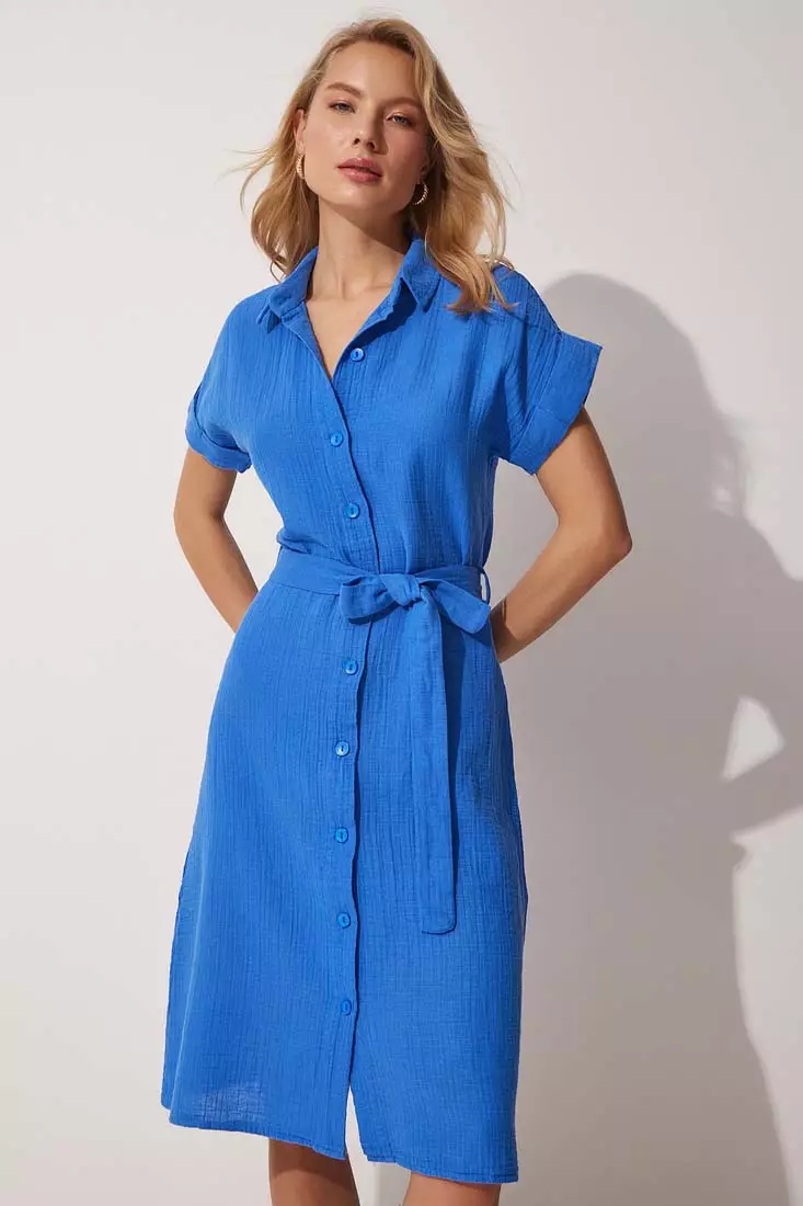 Women's blue shirt dress top