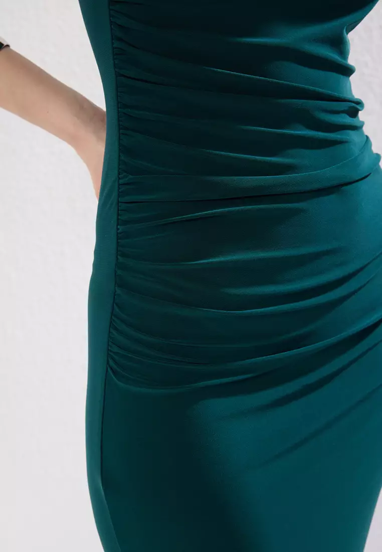 Emerald Green Plain One Shoulder Draped Fitted Stretch Knit Dress