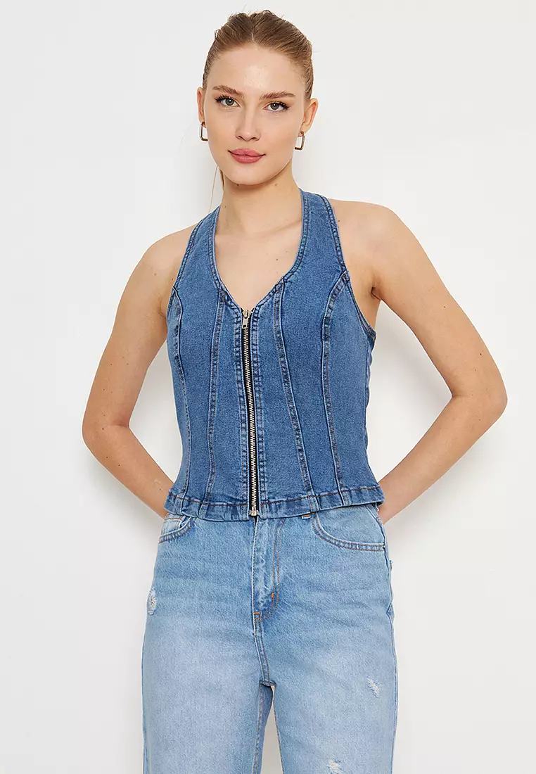 Light Blue Front Zippered Halter Neck Fitted Denim Blouse
