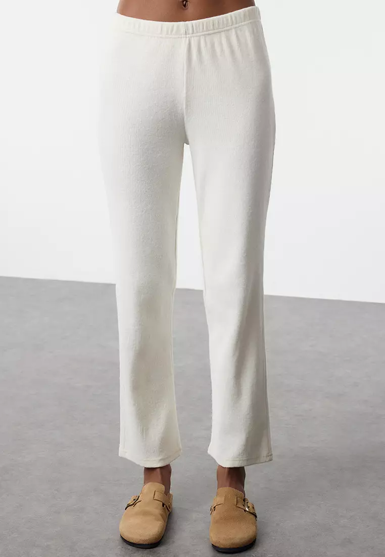 White Cotton Brushed Soft Ribbed Cardigan Knitted Pajamas Set