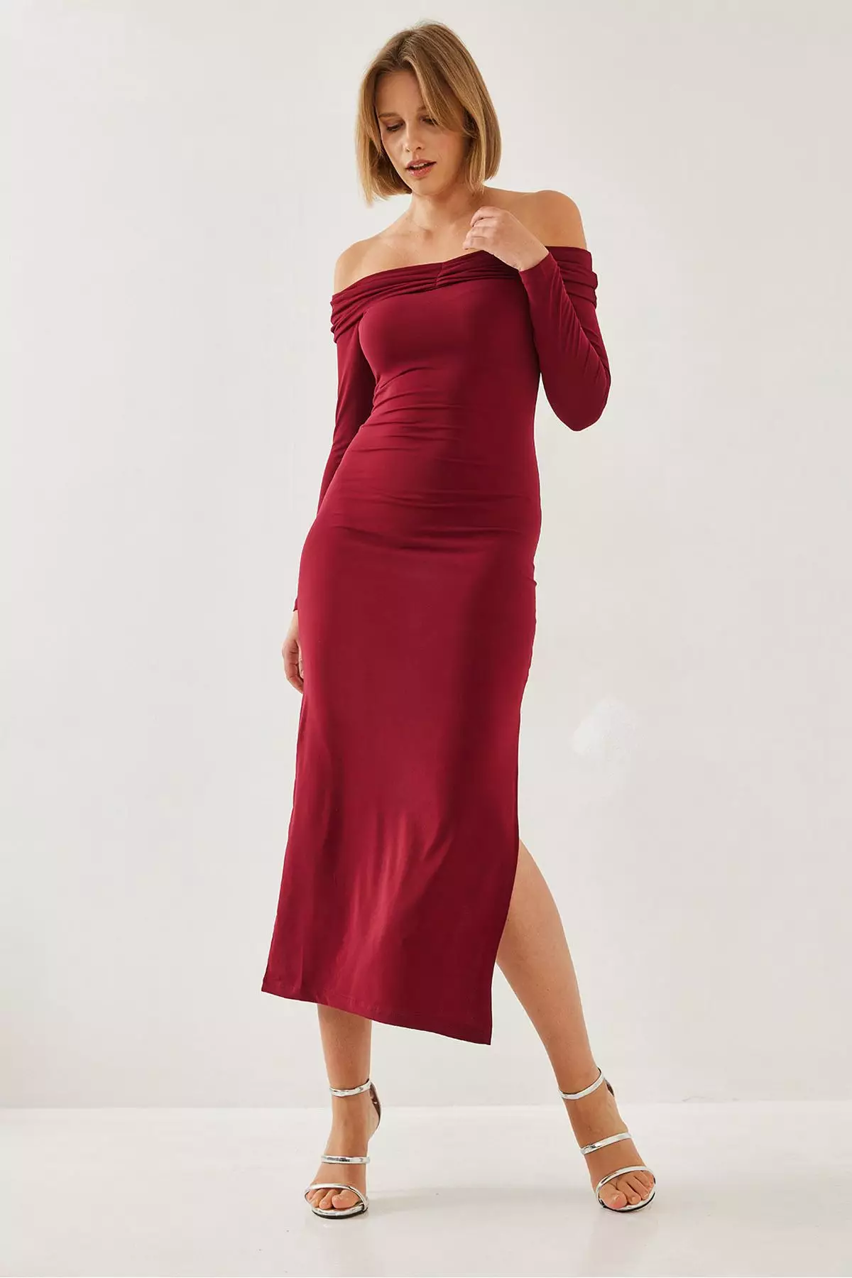 Women's Drape Detailed Madonna Collar Slit Dress 391 60251885