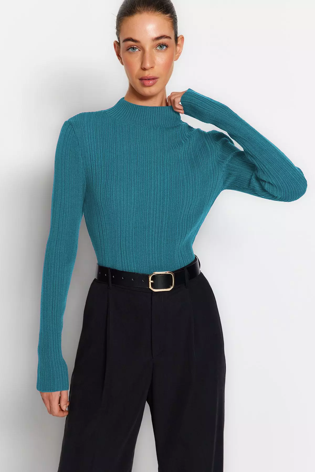 Indigo Stand Collar Knitwear Sweater