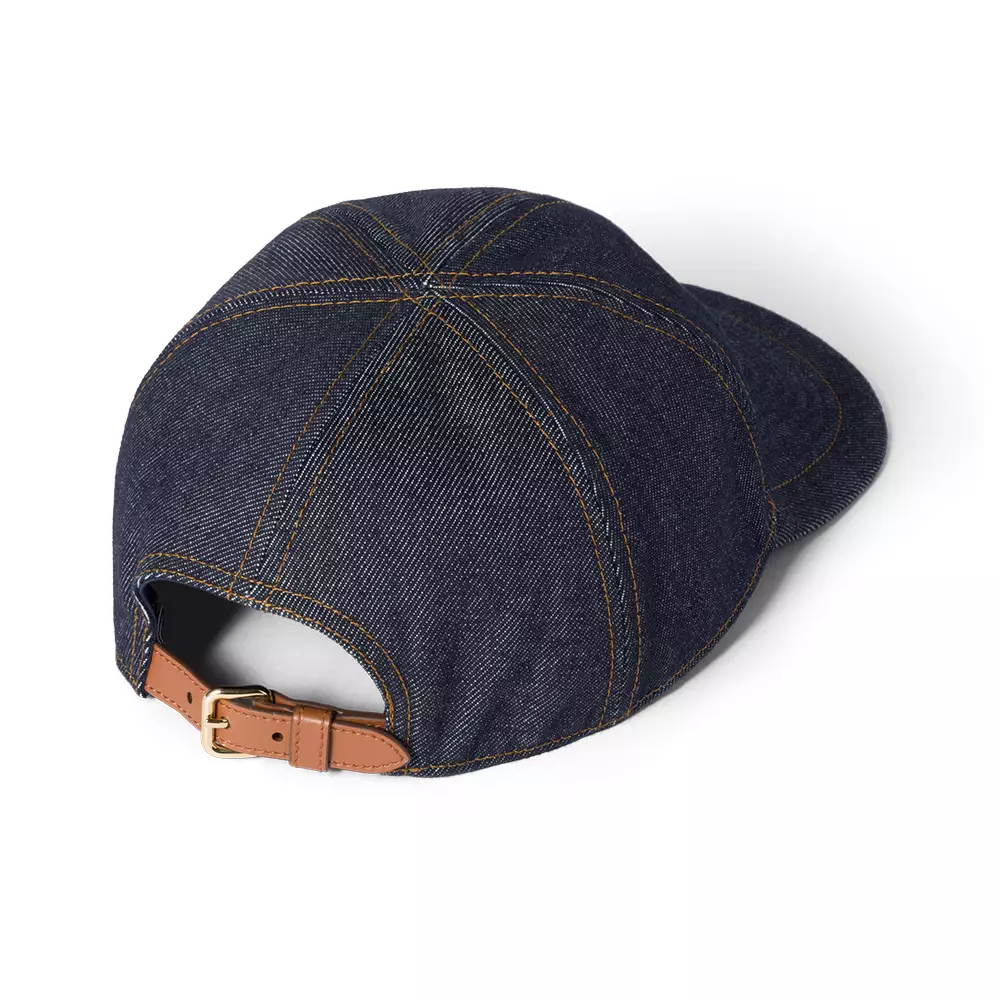 Denim Baseball Cap with Leather Logo Blue/Brandy