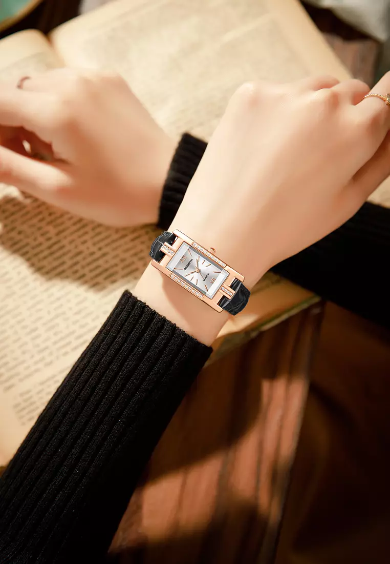 Jam Tangan Wanita Anggun Tali Kulit Berlian Jam Tangan Cewek Hitam