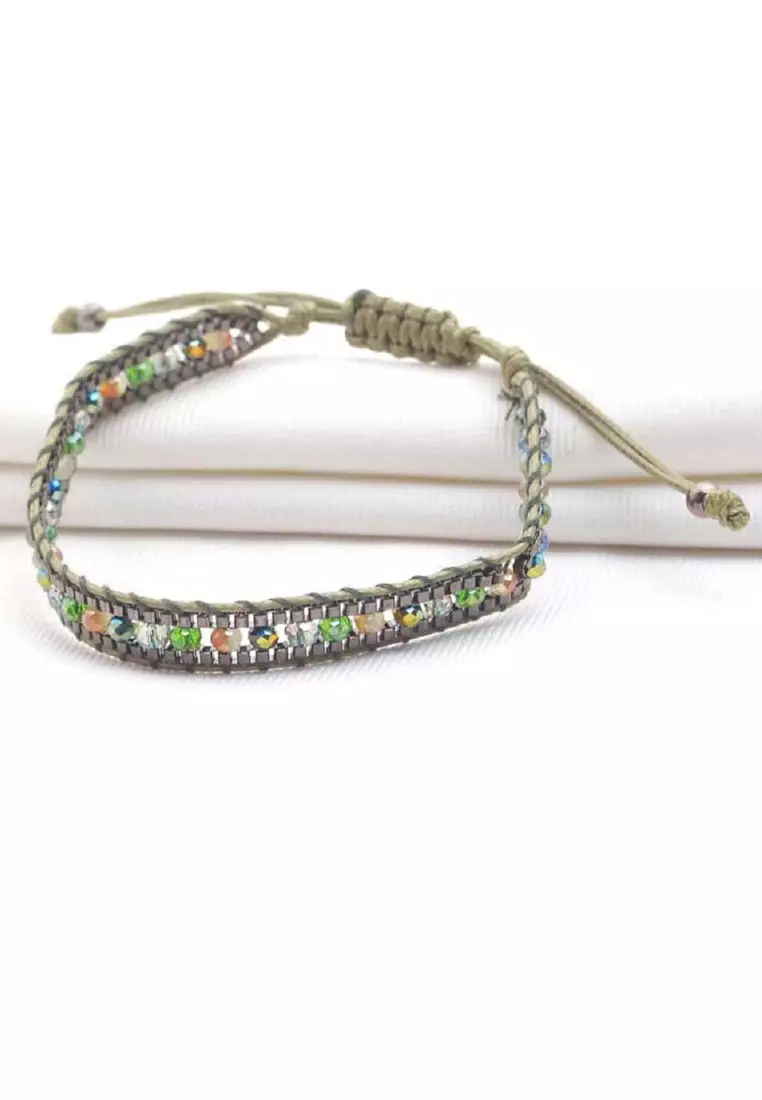 Aksesoris Gelang Wanita Crystals Beads Embellish Macrame Bracelet Green Army