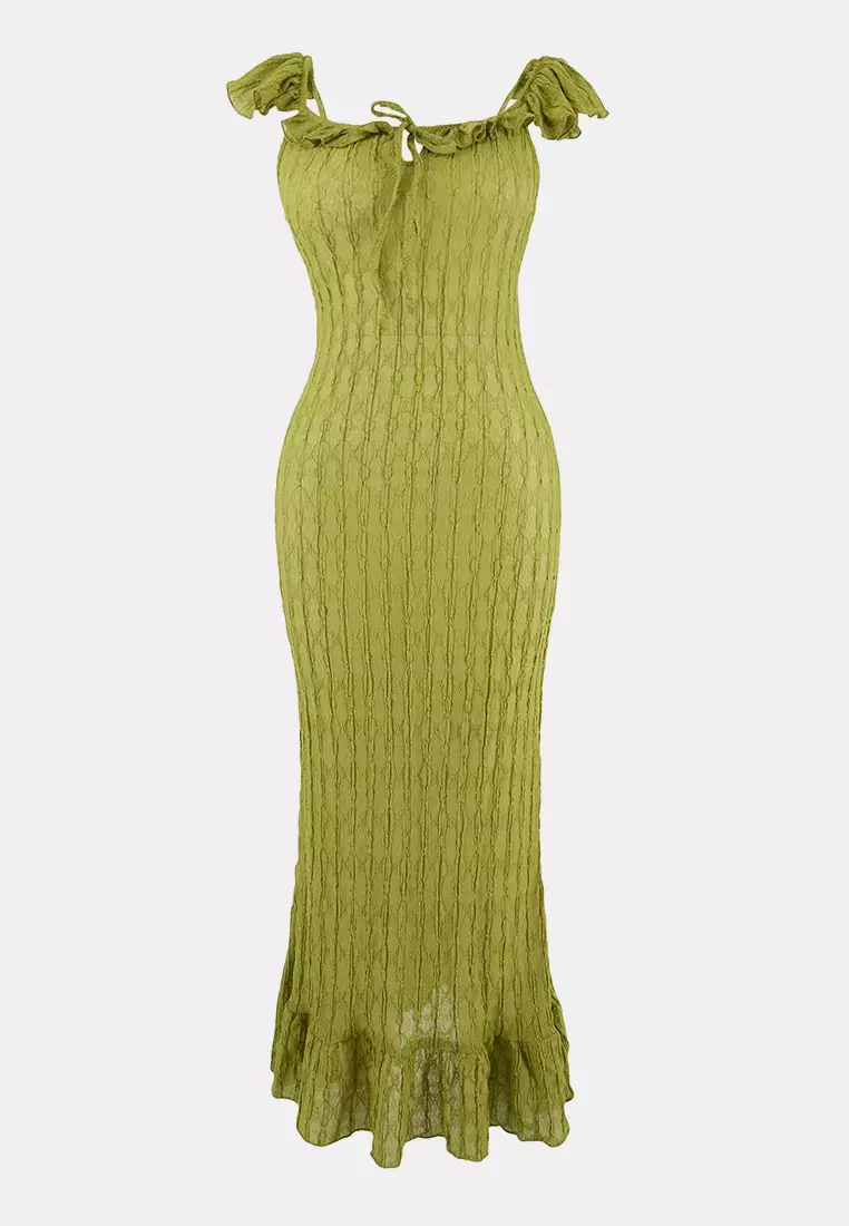 Oil Green Knitted Maxi Ruffled Sheer Beach Dress Tbess26El1