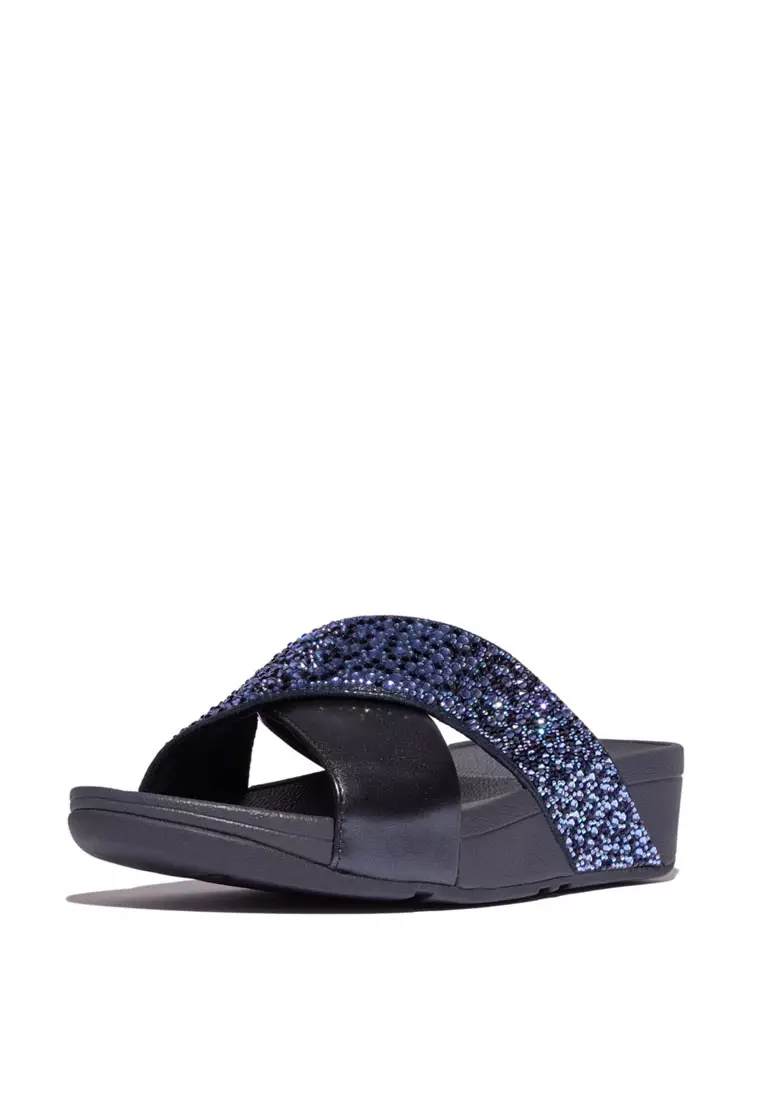 LULU Women's Crystal-Mix Metallic Cross Slides - Midnight Navy (JE2-399)