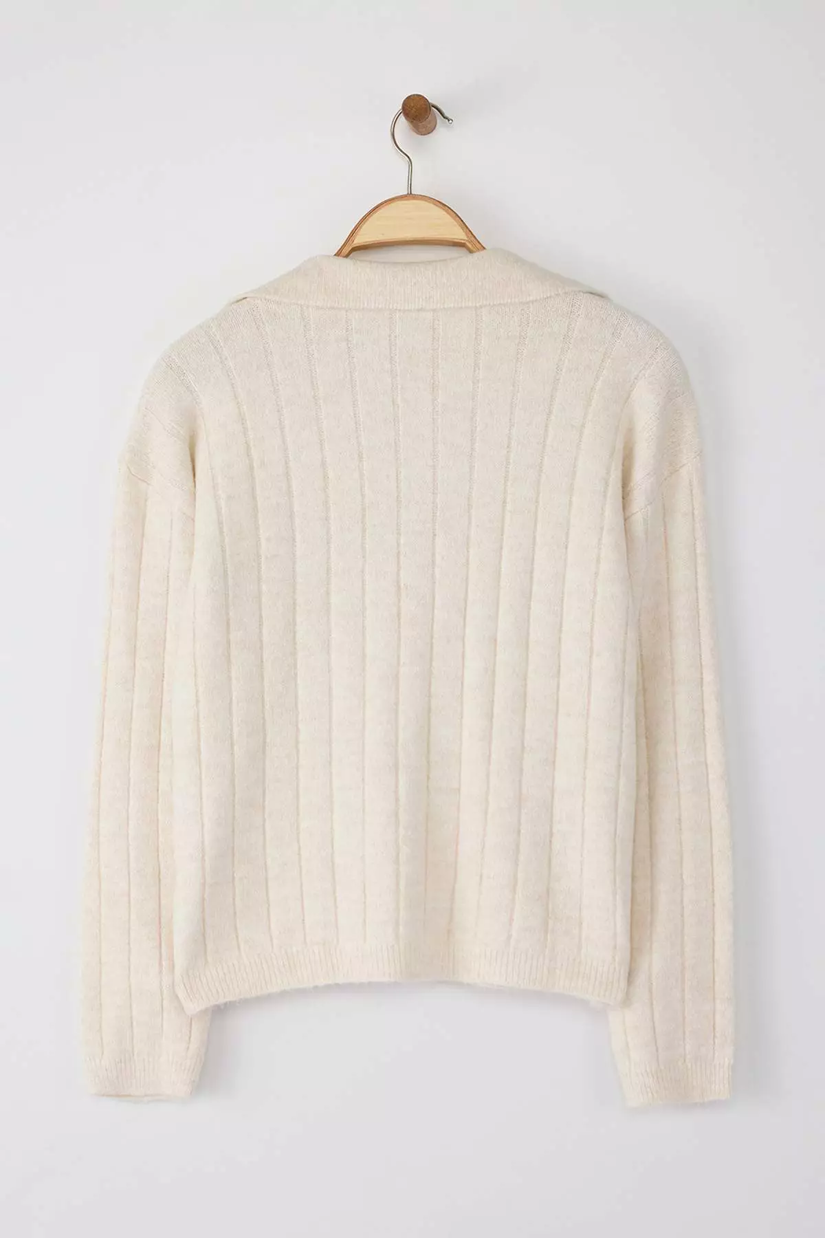 Ecru Wool Basic Polo Neck Knitwear Cardigan