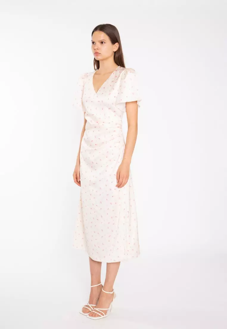 Peach Pink Daisy Wrap Midi Dress