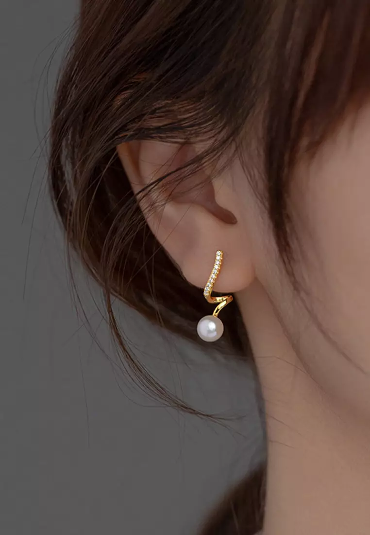 925 Silver Gold Plated Spiral Faux Pearl Earrings JW AR-M01676