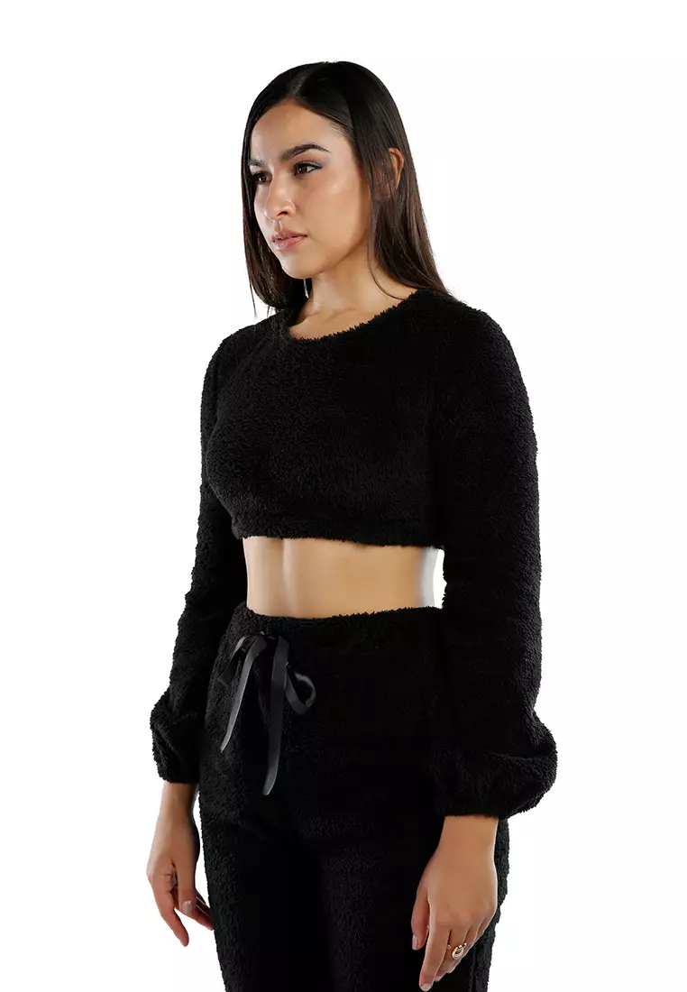 Black Shearling Full Sleeve Crop Top