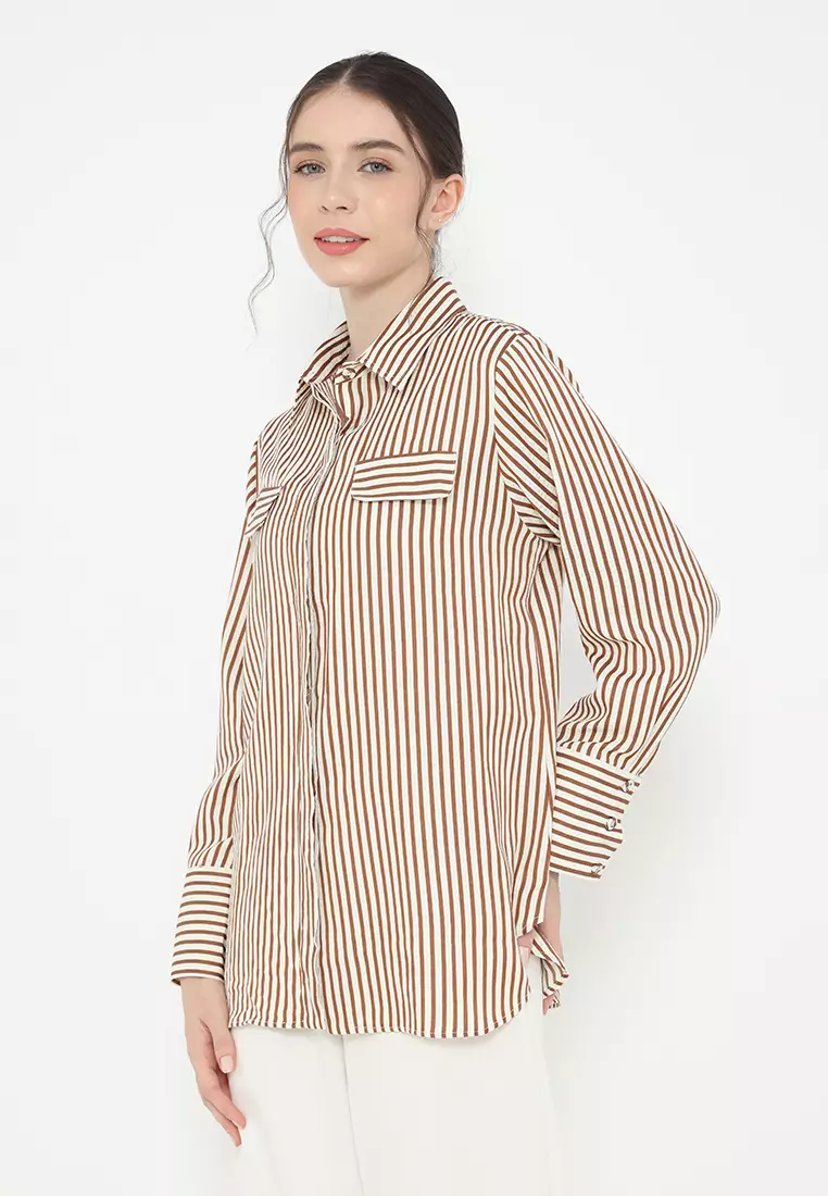 Shirt Striped Cream Terracotta Long Sleeve Arlette By Brilliant girl Warna Cream