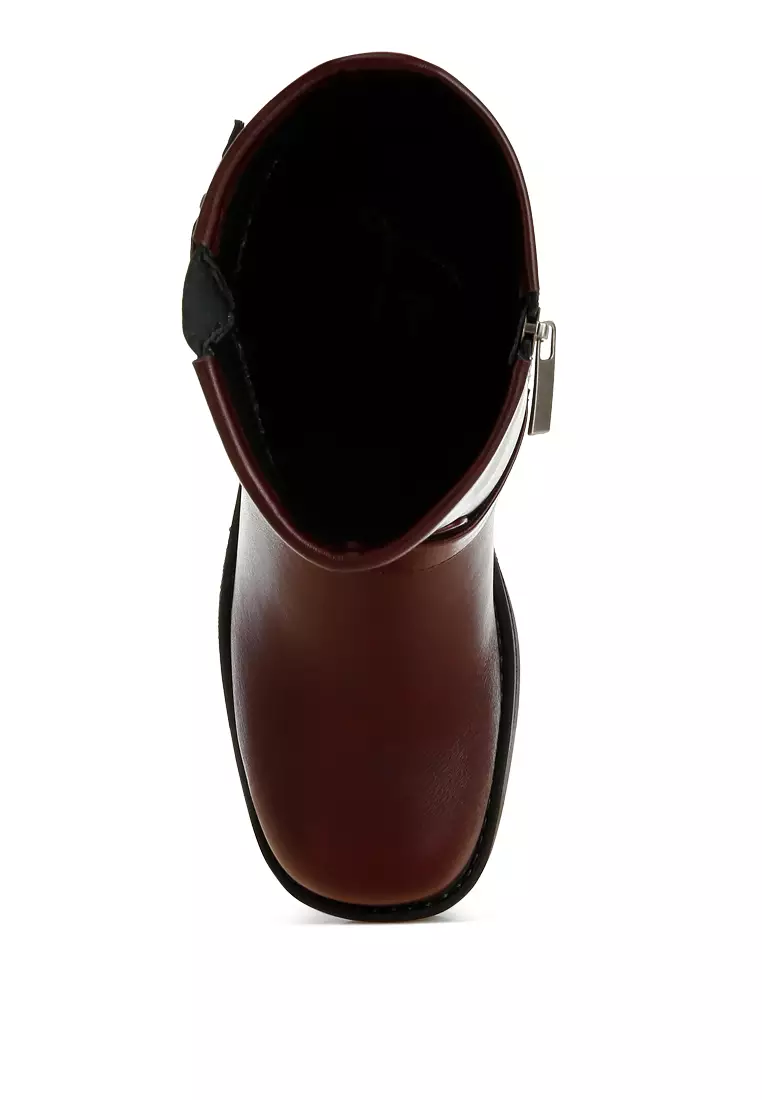 Harness Detail Biker Boots in Burgundy