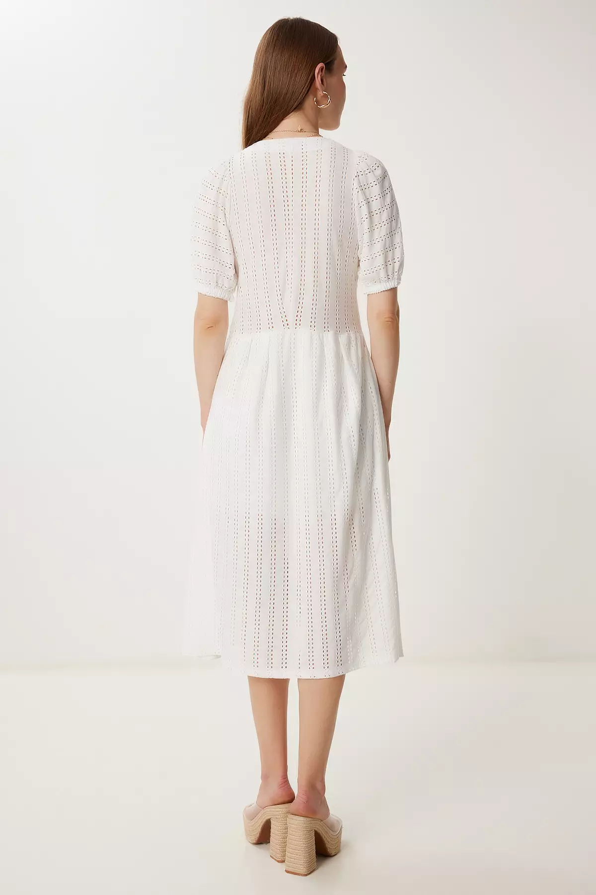 Women's Ecru Openwork Summer Midi Knitted Dress Tp00050