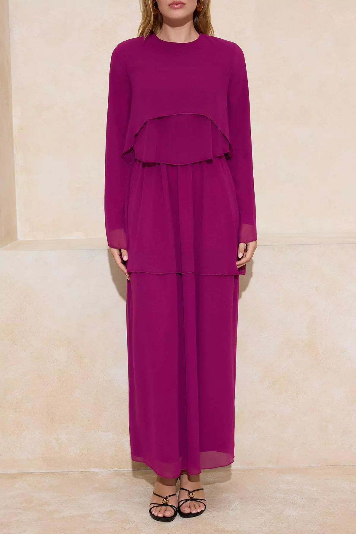 Fuchsia Layered Lined Silk Chiffon Dress Tctss26Eb00002