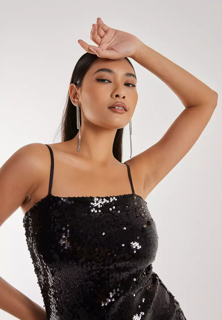 Pink Vanilla Black Faux Feather Premium Sequin Mini Dress