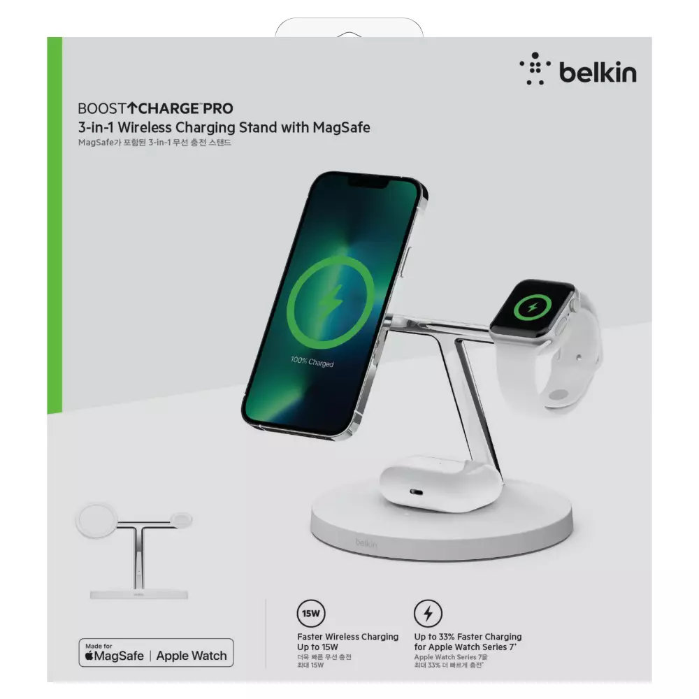 Belkin BoostCharge 3-in-1 Wireless Charger for Apple Devices, White 