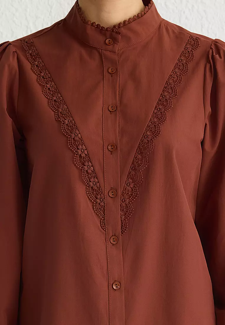 Brown Lace Detail Cotton Regular Regular Pattern Woven Shirt